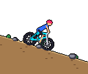 A pixel mountain biker hits a rock, flies over the bars, tumbles, lands back on the bike and keeps riding downhill